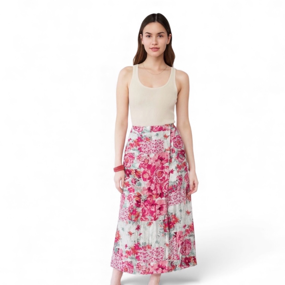 Haute Hippie Linen Floral Patchwork Skirt - Pink and White Size Small EUC